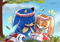 Size: 2048x1431 | Tagged: safe, artist:chinchila010, cream the rabbit, sonic the hedgehog, blushing, clouds, daytime, eyes closed, flower crown, laughing, sitting, smile, tree