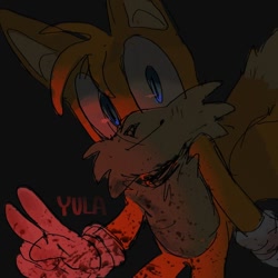 Size: 736x736 | Tagged: source needed, semi-grimdark, artist:yulayumeno, miles "tails" prower, fox, black background, blood, blood splatter, dark, glowing, implied murder, looking at viewer, male, signature, simple background, smile, v sign