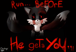 Size: 1867x1275 | Tagged: semi-grimdark, artist:opadeus, miles "tails" prower, oc, oc:tails.exe, fox, 2014, black background, black sclera, bleeding, bleeding from eyes, blood, dialogue, english text, frown, glowing eyes, looking at viewer, male, signature, simple background, standing