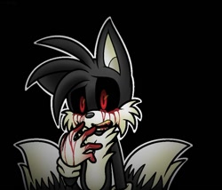 Size: 736x631 | Tagged: artist needed, source needed, semi-grimdark, miles "tails" prower, oc, oc:tails.exe, fox, black background, black sclera, bleeding, bleeding from eyes, blood, male, mouth open, one fang, outline, simple background, standing, yellow teeth