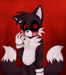 Size: 936x1062 | Tagged: semi-grimdark, artist:reclimb, miles "tails" prower, oc, oc:tails.exe, fox, 2022, abstract background, black sclera, bleeding, bleeding from eyes, blood, looking at viewer, male, no mouth, outline, standing