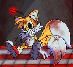 Size: 2048x1894 | Tagged: semi-grimdark, artist:creepyodd, tails doll, 2022, abstract background, blood, blood splatter, blood stain, creepy, creepy smile, indoors, looking offscreen, sharp teeth, signature, sitting, smile, solo