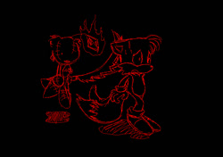 Size: 747x527 | Tagged: semi-grimdark, artist:girgrunny, miles "tails" prower, tails doll, 2009, black background, blood, blood puddle, floppy ears, holding something, katana, line art, mid-air, scared, shrunken pupils, simple background, standing, sweatdrop, this will end in injury and/or death, weapon