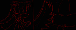 Size: 1600x633 | Tagged: semi-grimdark, artist:girgrunny, miles "tails" prower, black background, clenched teeth, katana, line art, looking offscreen, offscreen character, scared, shrunken pupils, simple background, standing, sweatdrop, this will end in injury and/or death, weapon