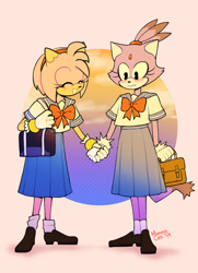 Size: 720x994 | Tagged: safe, artist:mannysac, amy rose, blaze the cat, cat, hedgehog, 2019, amy x blaze, bag, blushing, cute, eyes closed, female, females only, holding hands, lesbian, schoolgirl outfit, shipping