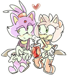 Size: 800x904 | Tagged: safe, artist:peopletwo, amy rose, blaze the cat, cat, 2017, amy x blaze, amy's halterneck dress, blaze's tailcoat, date, female, females only, heart, hedeghog, lesbian, looking at them, shipping, soda, straw