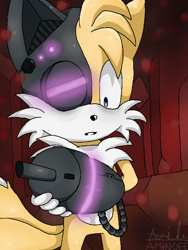 Size: 512x680 | Tagged: safe, artist:amindee, miles "tails" prower, fox, 2013, abstract background, clenched teeth, cyborg, cyborg tails, holding arm, partially roboticized, signature, solo, sonic lost world