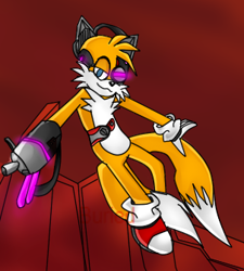 Size: 302x335 | Tagged: safe, artist:trainhurtnt, miles "tails" prower, fox, 2014, abstract background, cyborg, cyborg tails, glowing eyes, lidded eyes, looking at viewer, male, mid-air, partially roboticized, signature, smile, solo, sonic lost world