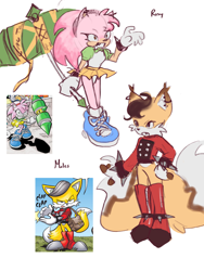 Size: 1536x2048 | Tagged: safe, artist:sleepy-za, miles (anti-mobius), rosy the rascal, fox, hedgehog, character name, duo, female, male, piko piko hammer, reference inset, standing