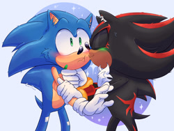 Size: 2048x1540 | Tagged: safe, artist:corffee, shadow the hedgehog, sonic the hedgehog, abstract background, blushing, duo, ear fluff, eyes closed, gay, green blush, holding arm, holding them, kiss on cheek, male, males only, shadow x sonic, shipping, sparkles