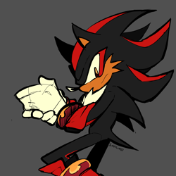 Size: 2048x2048 | Tagged: safe, artist:sodalmao, shadow the hedgehog, hedgehog, alternate eye color, brown eyes, cheek fluff, frown, grey background, looking at viewer, male, signature, simple background, solo, standing