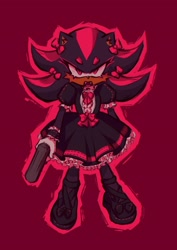 Size: 1447x2048 | Tagged: safe, artist:sorasonic12, shadow the hedgehog, hedgehog, angry, dress, eyelashes, fangs, femboy, goth, goth outfit, goth shadow, gun, lolita, looking at viewer, male, mouth open, outline, redesign, simple background, solo, standing
