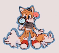 Size: 1816x1620 | Tagged: safe, artist:littlemystolemypie, miles "tails" prower, fox, the murder of sonic the hedgehog, beige background, blushing, exclamation mark, hat, holding something, looking at something, magnifying glass, male, mouth open, outline, poncho, simple background, solo
