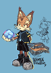 Size: 1669x2400 | Tagged: safe, artist:vermiixphantom, miles "tails" prower, nine, fox, sonic prime, sonic prime s2, bandaid, blue background, hand behind back, holding something, lidded eyes, paradox prism, signature, simple background, smile, solo, sparkle, standing