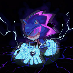 Size: 2048x2048 | Tagged: safe, artist:aqspec, sonic the hedgehog, hedgehog, sonic prime s2, abstract background, electricity, frown, glowing eyes, looking up, male, prism form, prism sonic, solo
