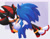 Size: 2048x1582 | Tagged: safe, artist:corffee, shadow the hedgehog, sonic the hedgehog, hedgehog, sonic prime s2, abstract background, blushing, blushing ears, claws, clenched teeth, duo, ear fluff, gay, green blush, holding each other, looking offscreen, male, males only, middle finger, redraw, shadow x sonic, shipping, standing