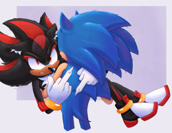 Size: 2048x1582 | Tagged: safe, artist:corffee, shadow the hedgehog, sonic the hedgehog, hedgehog, sonic prime s2, abstract background, alternate version, claws, clenched teeth, duo, ear fluff, gay, holding each other, looking offscreen, male, males only, middle finger, redraw, shadow x sonic, shipping, standing