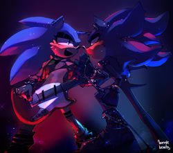 Size: 2048x1807 | Tagged: safe, artist:sourfrootz, shadow the hedgehog, sonic the hedgehog, hedgehog, abstract background, blushing, clothes, duo, ear piercing, earring, eyeshadow, gay, guitar, holding something, lidded eyes, looking at each other, male, males only, microphone, mouth open, punk, shadow x sonic, shipping, signature, singing, standing, sweatdrop