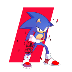 Size: 2048x2048 | Tagged: safe, artist:uptilmoon, sonic the hedgehog, hedgehog, sonic frontiers, abstract background, corruption, holding arm, male, redraw, solo, standing