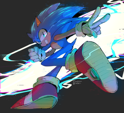 Size: 2048x1879 | Tagged: safe, artist:sourfrootz, sonic the hedgehog, hedgehog, sonic frontiers, abstract background, electricity, looking back at viewer, male, smile, solo, top surgery scars, trans male, transgender, v sign