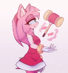 Size: 1907x2048 | Tagged: safe, artist:catfrans, amy rose, hedgehog, 2023, female, gradient background, hand up, looking at something, piko piko hammer, sfx, solo, standing