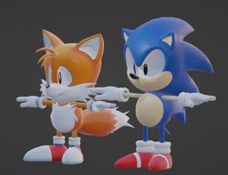 Size: 1466x1124 | Tagged: safe, artist:kromosx, miles "tails" prower, sonic the hedgehog, 2023, 3d, classic sonic, classic tails, duo, grey background, simple background, smile, sonic robo blast 2, standing, t-pose