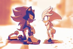 Size: 1800x1200 | Tagged: safe, artist:ochi06, shadow the hedgehog, silver the hedgehog, hedgehog, 2023, abstract background, child, duo, ear fluff, frown, kneeling, looking at each other, male, males only, time travel, younger