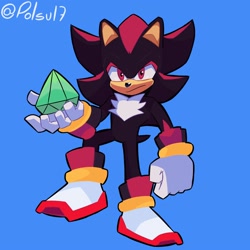 Size: 1500x1500 | Tagged: safe, artist:polsu17, shadow the hedgehog, hedgehog, 2023, blue background, chaos emerald, clenched fist, frown, holding something, looking at viewer, male, signature, simple background, solo