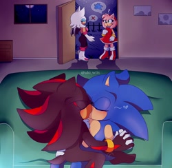 Size: 2048x1998 | Tagged: safe, artist:uki_wiis, amy rose, rouge the bat, shadow the hedgehog, sonic the hedgehog, 2023, abstract background, barefoot, blushing, door, doorway, duo focus, eyes closed, female, gay, gloves off, group, heart, holding each other, holding hands, indoors, kiss, male, nighttime, shadow x sonic, shipping, sitting, standing, star (sky)