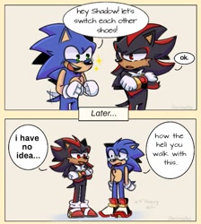 Size: 461x514 | Tagged: safe, artist:danimatez, shadow the hedgehog, sonic the hedgehog, 2023, arms folded, border, cheek fluff, duo, english text, gay, lidded eyes, looking at each other, male, males only, panels, shadow x sonic, shipping, shoe swap, simple background, smile, sparkles, standing, tears, tears of pain, wagging tail