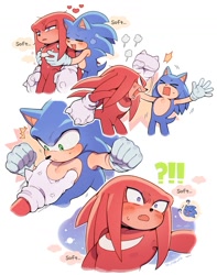 Size: 1059x1343 | Tagged: safe, artist:sk_rokuro, knuckles the echidna, sonic the hedgehog, 2023, abstract background, angry, chest grab, cross popping vein, cute, dialogue, duo, english text, exclamation mark, eyes closed, frown, gay, heart, knucklebetes, knuxonic, male, males only, mouth open, question mark, shipping, smile, sonabetes, sparkles, standing, sweatdrop