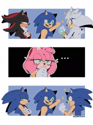 Size: 1432x1927 | Tagged: safe, artist:fravoccado, amy rose, shadow the hedgehog, silver the hedgehog, sonic the hedgehog, hedgehog, ..., 2023, abstract background, amy mistaking everyone for sonic, eyelashes, female, group, male, outline, standing