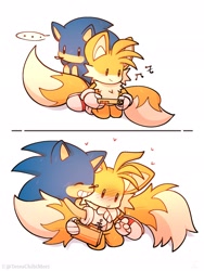 Size: 1536x2048 | Tagged: safe, artist:tetsuchibimori, miles "tails" prower, sonic the hedgehog, ..., 2023, blushing, cute, duo, gay, heart, holding something, hugging, kneeling, looking at them, miles electric, musical notes, pout, shipping, simple background, smile, sonabetes, sonic x tails, tailabetes, white background, wholesome