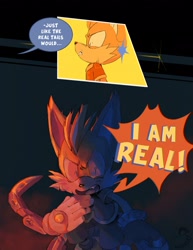Size: 1580x2048 | Tagged: safe, artist:anouckyshim, miles "tails" prower, nine, sonic the hedgehog, sonic prime, 2023, abstract background, angry, dialogue, english text, eye twitch, offscreen character, one fang, redraw, shouting, shrunken pupils, solo, speech bubble, standing