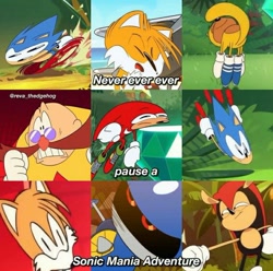 Size: 720x713 | Tagged: safe, knuckles the echidna, metal sonic, mighty the armadillo, miles "tails" prower, ray the flying squirrel, robotnik, sonic the hedgehog, sonic mania adventures, english text, faic, great moments in animation, group, screenshot, smear frame, wat