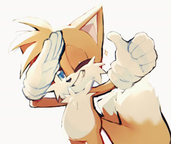 Size: 2048x1727 | Tagged: safe, artist:bloodshot121, miles "tails" prower, clenched teeth, looking at viewer, one fang, simple background, smile, solo, sparkle, standing, thumbs up, white background, wink