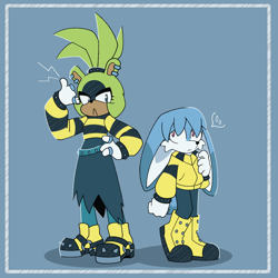 Size: 2048x2048 | Tagged: safe, artist:charmallows, kit the fennec, surge the tenrec, blue background, border, concept outfit, duo, electricity, female, frown, horn sign, male, simple background