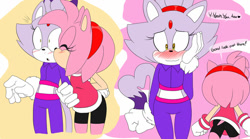 Size: 1024x571 | Tagged: safe, artist:imthatartist, amy rose, blaze the cat, cat, hedgehog, 2019, amy x blaze, blushing, clothes, cute, english text, eyes closed, female, females only, kiss on cheek, lesbian, shipping