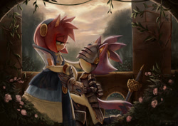 Size: 1280x905 | Tagged: safe, artist:spacecolonie, amy rose, blaze the cat, nimue, cat, hedgehog, sonic and the black knight, 2022, amy x blaze, cute, female, females only, holding hands, kneeling, knight armor, lesbian, looking at each other, shipping, sir percival, sword