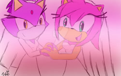 Size: 1024x640 | Tagged: safe, artist:nix-achlys, amy rose, blaze the cat, cat, hedgehog, 2021, amy x blaze, cute, dress, female, females only, holding hands, lesbian, looking at viewer, shipping, wedding dress