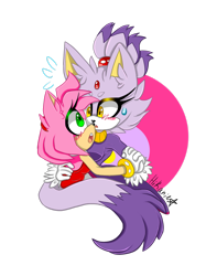 Size: 1280x1707 | Tagged: safe, artist:thedistantstarlight, amy rose, blaze the cat, cat, hedgehog, 2019, amy x blaze, amy's halterneck dress, blaze's tailcoat, blushing, cute, female, females only, hand on back, holding hands, lesbian, looking at each other, shipping, sweatdrop