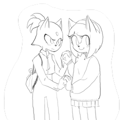 Size: 1280x1229 | Tagged: safe, artist:ultimatebrotp, amy rose, blaze the cat, cat, hedgehog, 2019, amy x blaze, bag, female, females only, holding hands, lesbian, looking at viewer, shipping, sketch