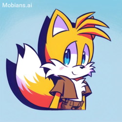 Size: 2048x2048 | Tagged: safe, ai art, artist:mobians.ai, miles "tails" prower, blushing, crop jacket, cute, looking at viewer, mobius.social exclusive, prompter:taeko, shadow (lighting), shorts, smile, solo, tailabetes