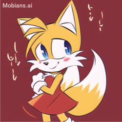 Size: 2048x2048 | Tagged: safe, ai art, artist:mobians.ai, miles "tails" prower, fox, blushing, dress, female, japanese text, looking back, mobius.social exclusive, prompter:taeko, red dress, smile, solo, standing, trans female, transgender