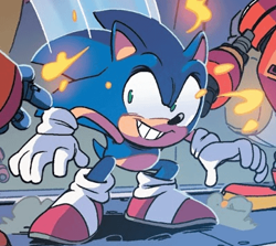 Size: 398x355 | Tagged: safe, egg pawn, sonic the hedgehog, crouching, faic, grin, insanity, official artwork, robot, shrunken pupils, smile, trio
