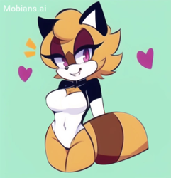 Size: 1971x2048 | Tagged: safe, ai art, artist:mobians.ai, raccoon, adult, breasts, female, generic mobian, green background, heart, lidded eyes, looking at viewer, mobius.social exclusive, open jacket, pink eyes, presenting, simple background, smile, solo, standing
