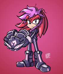 Size: 2700x3188 | Tagged: safe, artist:raviolibox, jani-ca, shade the echidna, echidna, armor, boots, eyelashes, female, helmet, outfit swap, pink background, purple eyes, purple hair, signature, solo