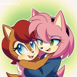 Size: 2048x2048 | Tagged: safe, ai art, artist:mobians.ai, amy rose, sally acorn, chipmunk, hedgehog, abstract background, alternate outfit, blushing, clothes, duo, female, females only, hugging, lesbian, looking offscreen, outline, prompter:taeko, sallamy, shipping, smile, sweater