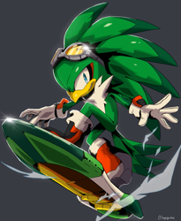 Size: 653x798 | Tagged: safe, artist:ingoguma, jet the hawk, bird, 2018, commission, extreme gear, goggles, grey background, hawk, looking at viewer, shine, signature, simple background, smile, solo, sonic riders