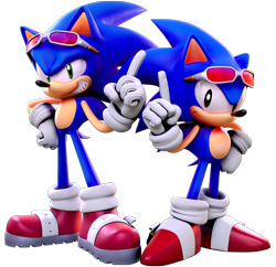 Size: 2230x2155 | Tagged: safe, artist:usagidood, sonic the hedgehog, hedgehog, 2023, 3d, classic sonic, duality, hand on hip, looking at viewer, male, pointing, self paradox, simple background, smile, sonic riders, standing, sunglasses, transparent background